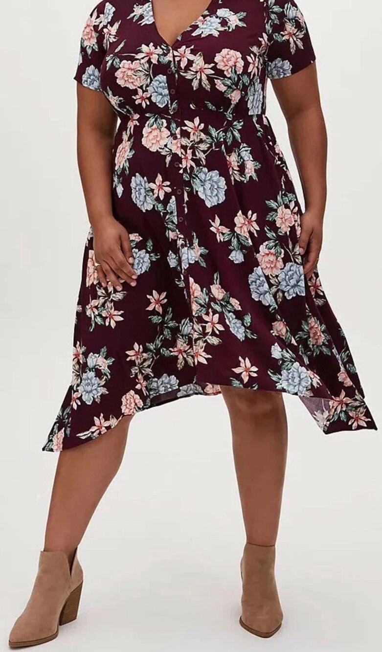 TORRID Size 2 Midi Challis Shirt Dress Burgundy Floral Buttons Plus Pockets EUC